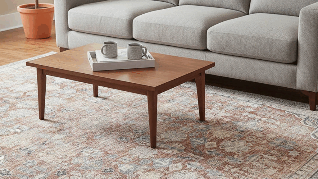 oriental rug with coffee table and couch