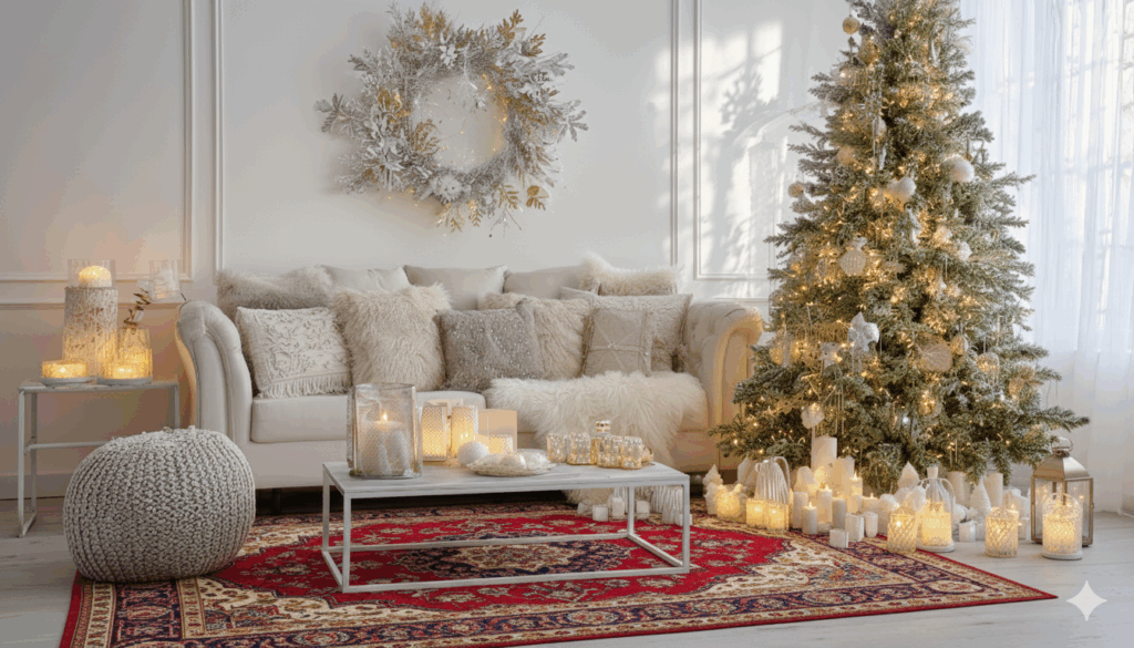 oriental rug with coffee table and couch and christmas tree