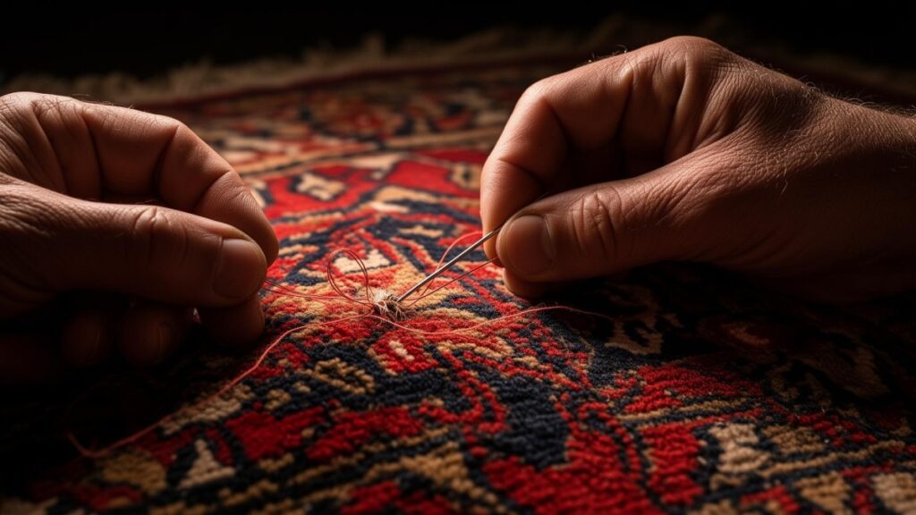 someone hand sewing a rug